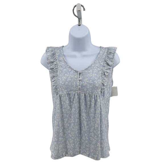 Como Vintage Blue Floral Tank Blouse Womens XS Sleeveless Ruffled Button Front - Picture 2 of 9